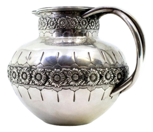 Rounded Silver Wine Jug with Floral Motifs, Double Handle and Beaded Rim