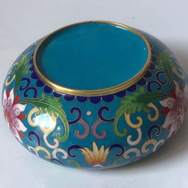 Vintage Cloisonné Enamel Lotus Bowl / Scholar's Brush Washer With Gilt Rim For Sale - Image 4 of 9