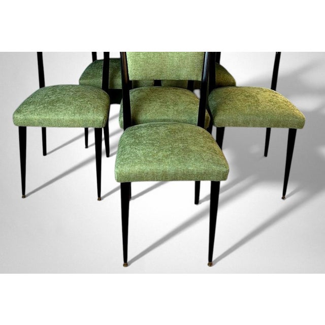 Mid-Century Modern Ico Parisi Style – Set of 6 Ebonized Wood Chairs With Green Upholstery For Sale - Image 3 of 18