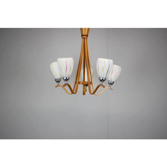 Mid-Century Wooden Chandelier with Glass Shades, Czechoslovakia, 1970s For Sale - Image 4 of 14