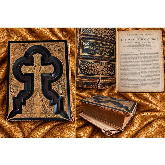 Beautiful antique Catholic Bible featuring an ornate embossed cover with intricate gold detailing and religious imagery....