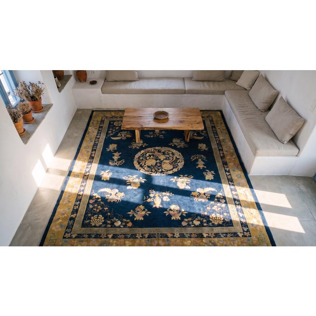 1920s Navy Blue Floral Vase Antique Chinese Art Deco Rug 8' 9'' X 11' 6'' Wool Knotted Carpet For Sale - Image 14 of 15