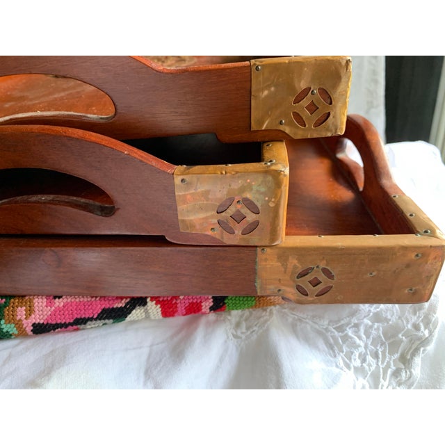 Vintage Asian Rosewood Serving Tray With Brass 3 Pieces Mid Century For Sale - Image 10 of 12