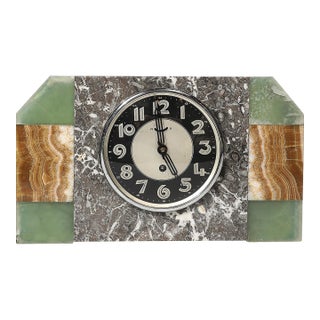 Art Deco Exotic Marble & Onyx Mantlepiece Clock W/ Stylized Arabic Numeral Dial For Sale