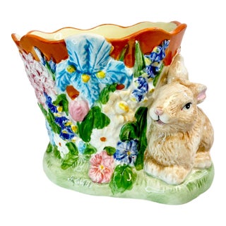 1980s Vintage Boho Chic Hollywood Regency Ceramic Bunny & Flora Planter. For Sale