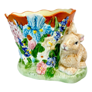 1980s Vintage Boho Chic Hollywood Regency Ceramic Bunny & Flora Planter.