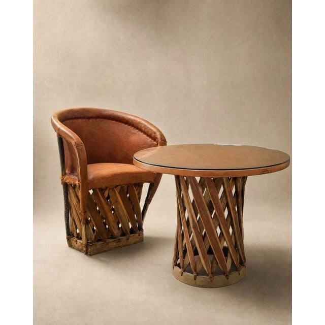 Rustic Vintage Genuine Leather Equipale 5-Piece Round Glass Dining Set with 4 Chairs For Sale - Image 3 of 5