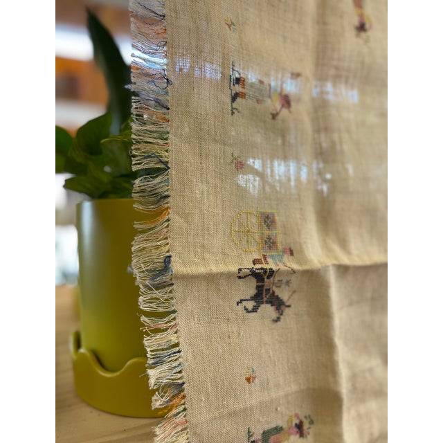Vintage Hand-Embroidered Linen Tablecloth With Figural Motif and Fringe Border For Sale - Image 4 of 9