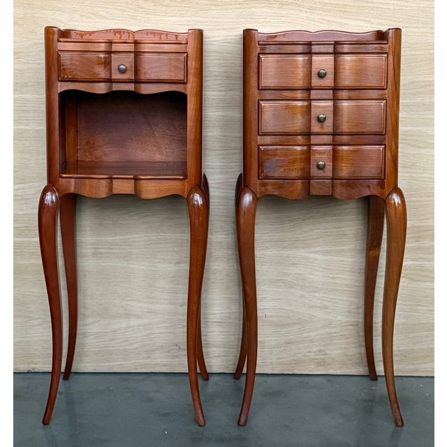 Pair of French Walnut Narrow Bedside Tables With Three Drawers For Sale - Image 13 of 17