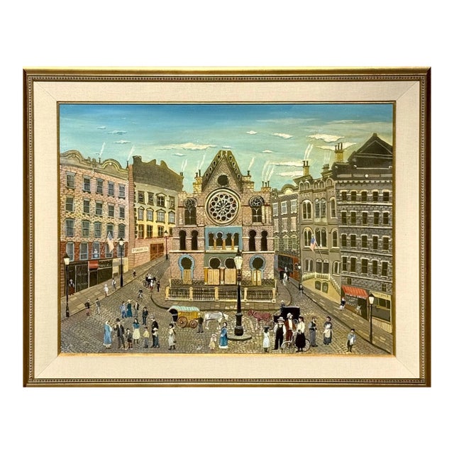 Mid 20th Century New York City Folk Art Street Scene Painting, Nyc Eldridge St. Synagogue - Unsigned & Framed For Sale