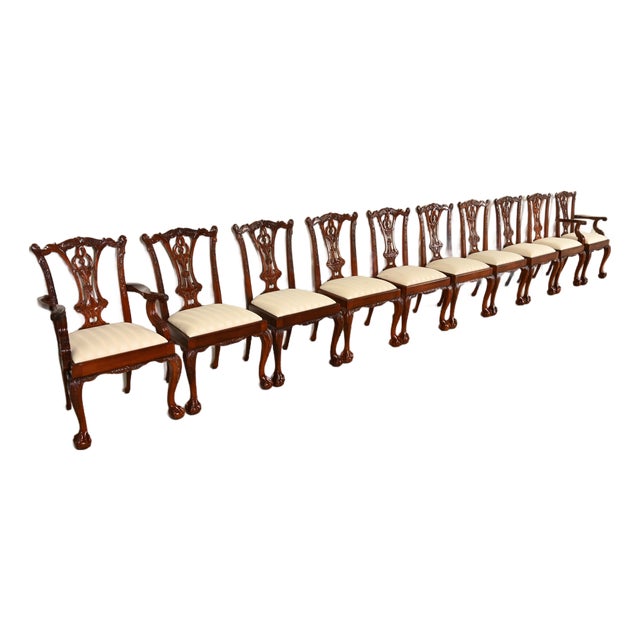 Baker Furniture Style Chippendale Carved Mahogany Dining Chairs, Set of Ten For Sale