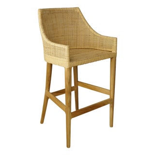 Wood and Rattan High Bar Stools, Set of 2 For Sale
