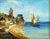 Oil painting on walnut board of an early Netherlandish genre harbor scene, cottages on the left and a calm sea with...