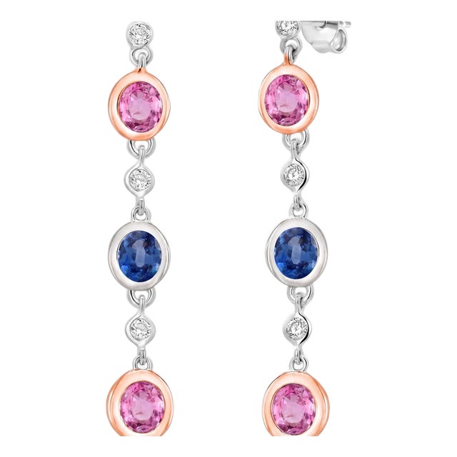 14k White Gold Ceylon Sapphire and Diamond Long Drop Earrings, 1.75", Pair For Sale