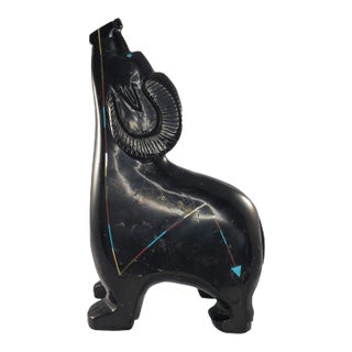 Vintage Extra Large Zuni Fetish Navajo Jet Ram Bighorn Sheep Livingston For Sale