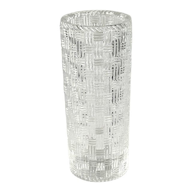 1970s Tiffany & Co.-– Signed, 8 Inch Crystal, Basket, Weave, Cylinder Shaped Vase-Mint For Sale