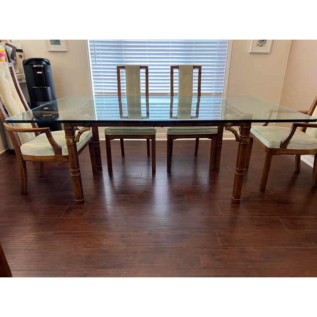 1970s Hollywood Regency Faux Bamboo With Brass Details, Glass Dining Table With 6 Matching Chairs - Set of 7 For Sale In Los Angeles - Image 6 of 12
