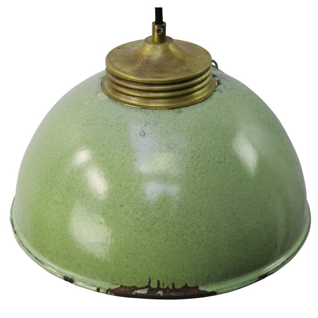 Vintage Brass and Enamel Pendant Light with Frosted Glass For Sale - Image 4 of 8