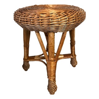 Vintage Wicker and Bamboo Stool, 1980s For Sale