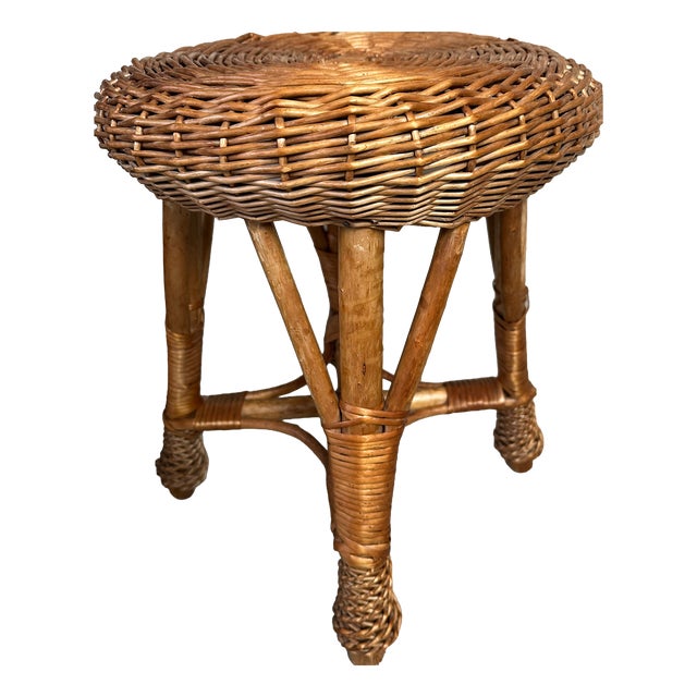 Vintage Wicker and Bamboo Stool, 1980s For Sale