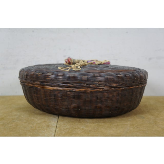 Brown Antique Chinese Wicker Lidded Bead Ring Tassel Sewing Storage Basket 12" For Sale - Image 8 of 12