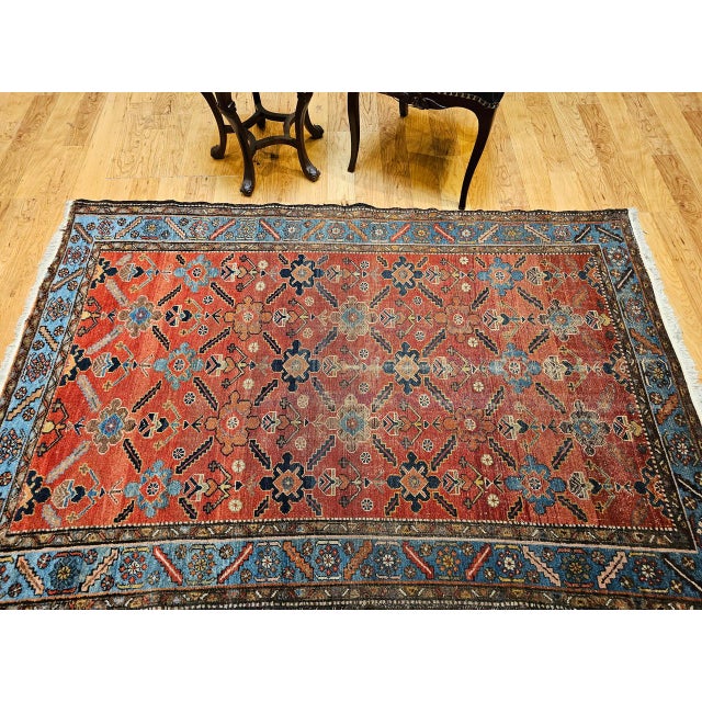 Persian Vintage Persian Malayer Area Rug, Hand-Knotted Wool, Geometric Pattern, 4x6, Red & Blue For Sale - Image 3 of 14