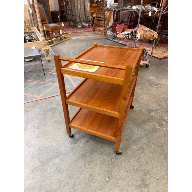 1960s Vintage Mid-Century Danish Modern Teak 3-Tier Bar Cart With Flower Tile Inset by Brdr. Furbo For Sale - Image 5 of 7