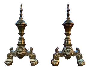 English Regency Brass Lion Andirons Circa 19th Century - a Pair