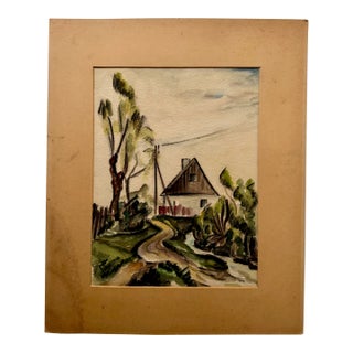 Henry Emil Salloch Original Watercolor on Paper Rural Cottage With Winding Country Lane, 1935. For Sale