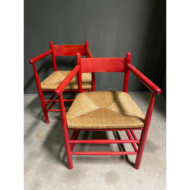 Red French Straw Seat Armchairs, 1970s, Set of 2 For Sale - Image 8 of 11