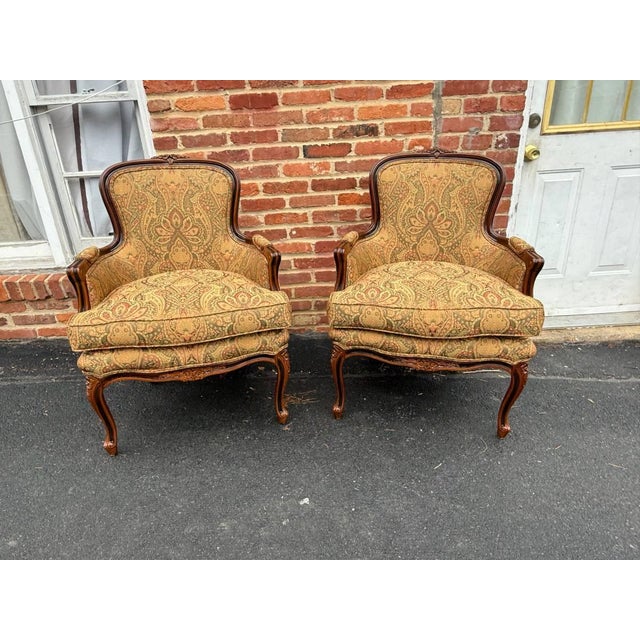 French Provincial Vintage Louis XV Style Armchairs: Floral Upholstered Bergeres For Sale - Image 3 of 16