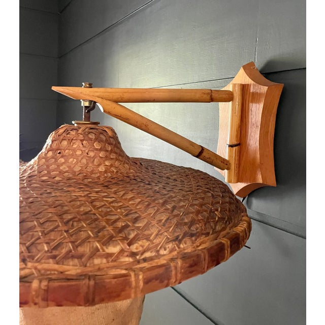 Brown Mid 20th Century Organic Woven Wicker and Bamboo Wall Sconce For Sale - Image 8 of 12