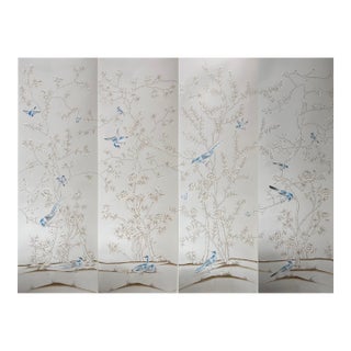 Soft Blue Chinoiserie Mural | 4-Panel Hand-Painted Bird & Floral Wallpaper For Sale