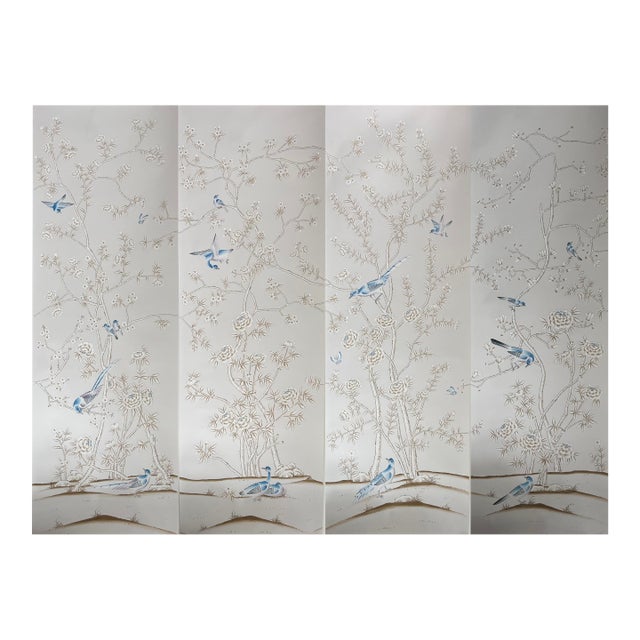 Soft Blue Chinoiserie Mural | 4-Panel Hand-Painted Bird & Floral Wallpaper For Sale