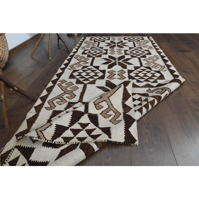 1970s Vintage Turkish Oushak Handmade Wool Cotton Beige Runner Rug For Sale - Image 10 of 11
