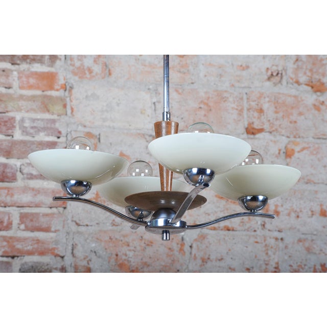 Brown Art Deco Chandelier in Chromed Steel, Beech and Opal Glass, Czech, 1920s For Sale - Image 8 of 13