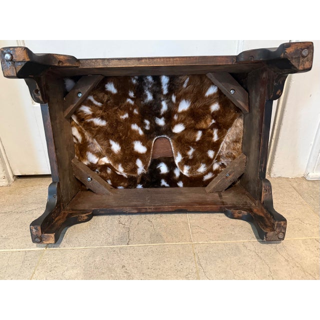 Brown Mid 19th Century Faux Deer Hide Antique Footstool | Lodge Look | Cabin Decor Faux Fur Foot Rest | Farmhouse Stool Wood Legs For Sale - Image 8 of 11