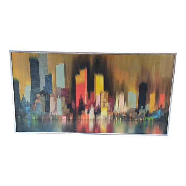 Vintage Mid Century Modern Abstract Painting Cityscape For Sale