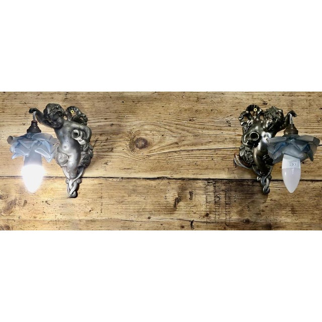 French Arts and Crafts Cherub Wall Lights, 1900, Set of 2 For Sale - Image 6 of 8