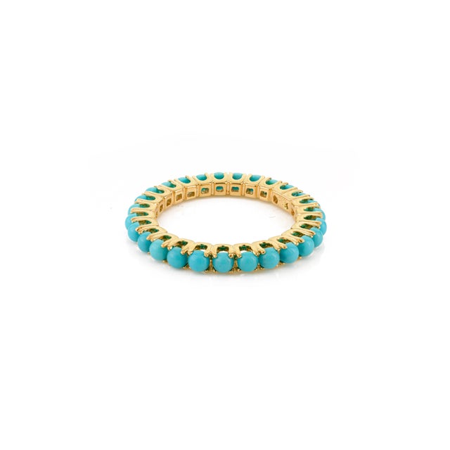 Turquoise Summer Natural Turquoise 14k Gold Eternity Band Size 7 For Sale - Image 8 of 12