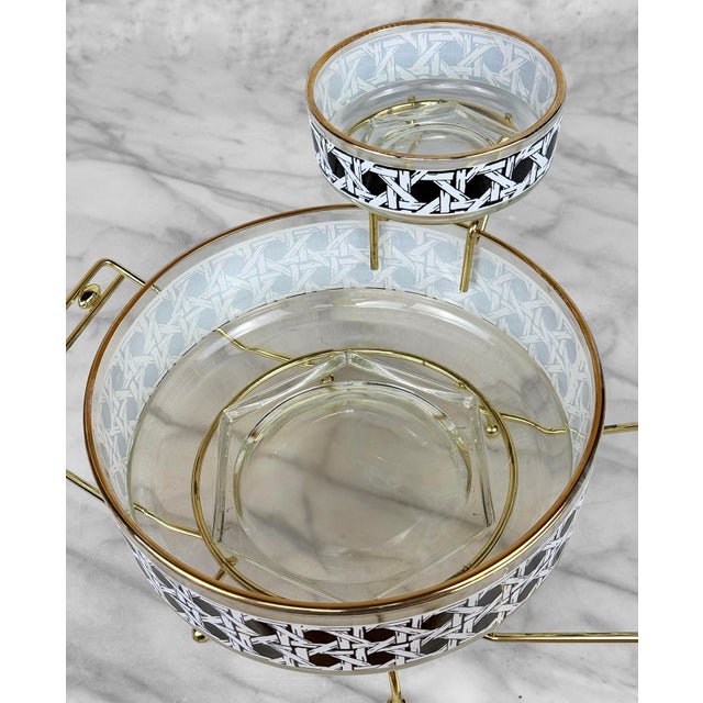 Glass Mid-Century Black White Rattan Motif Glass Chip & Dip Serving Bowl Set For Sale - Image 7 of 9