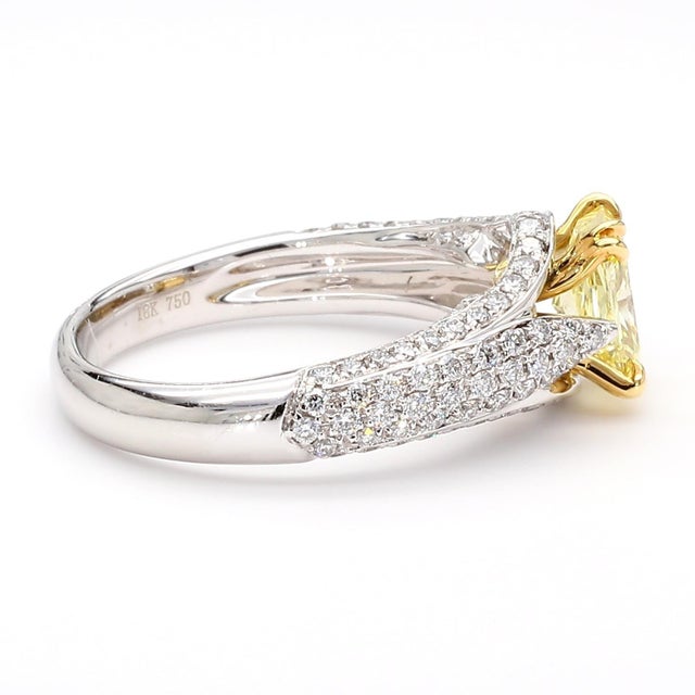 Contemporary 1990s Gia Cert. 1.01 Carat Fancy Intense Yellow Radiant Diamond Pave Set Split Ring, Size 6.25 For Sale - Image 3 of 12