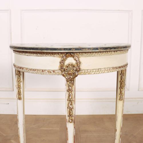 Small 19th Century French marble top console table with orignial gilt and paint finish. Lovely inlaid decoration to the...