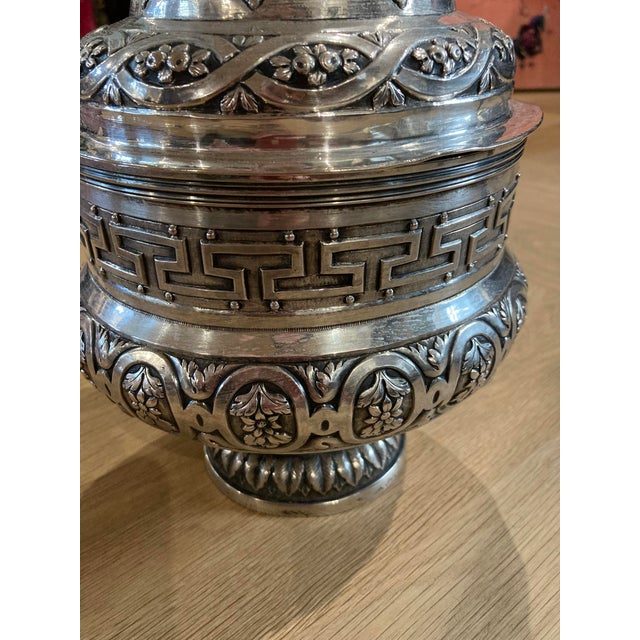Art Deco Antique Silver Covered Urn — Repoussé Greek Key, Fruit & Foliage Motifs, 2.86 LBS For Sale - Image 3 of 18