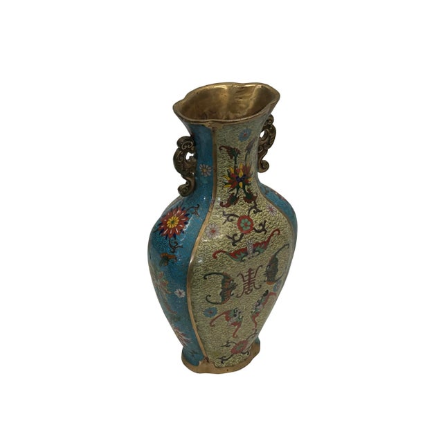 1970s Vintage Cloisonné Vase Dragon Handles and Chinese Floral Motifs For Sale - Image 5 of 13
