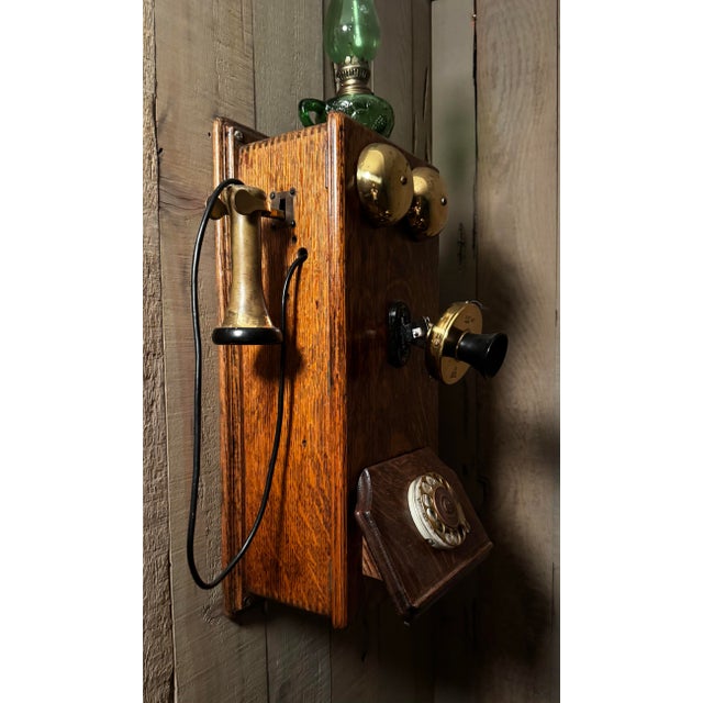 Sienna Imported Antique Argentine Oak Wall Telephone With Brass Bells & Green Glass Accent For Sale - Image 8 of 8