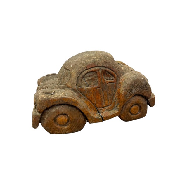 Wood Vintage Hand Carved Wooden Car Sculpture in the Style of a Volkswagen Beetle For Sale - Image 7 of 12