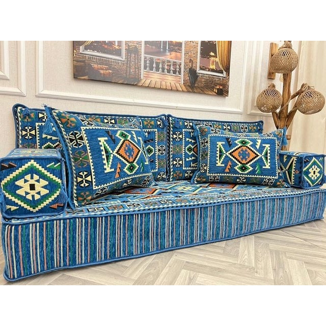 8 inch Thick Living Room Floor Seating Couch, Blue Floor Cushion, Moroccan Couch,Floor Seating Set | 2 large pillows as a...