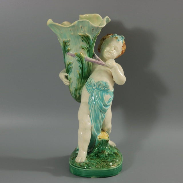 Turquoise Mintons Majolica Putti Flower Holder Vase For Sale - Image 8 of 13