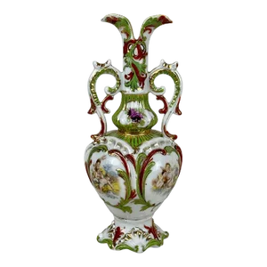 Vintage Rococo Green Porcelain Cherub Handle Vase
